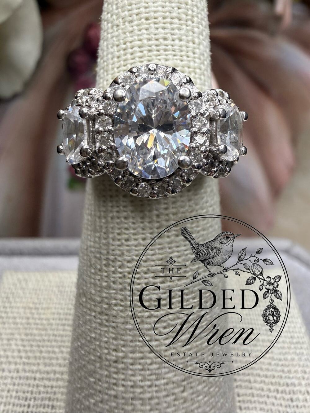 Sterling Silver 925 Three Stone Halo Cubic Zirconia Ring